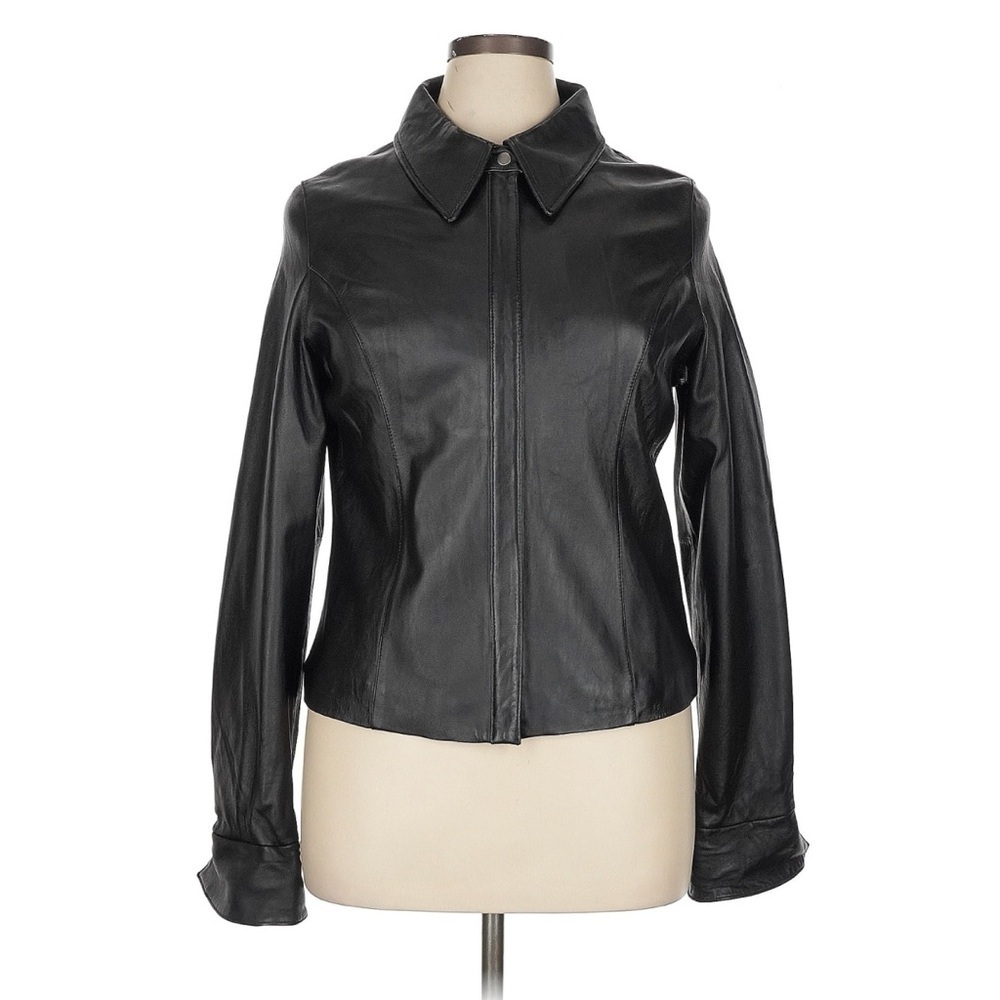 Vintage Leather Jacket Zip Up Collared Flare Cuffs in Black